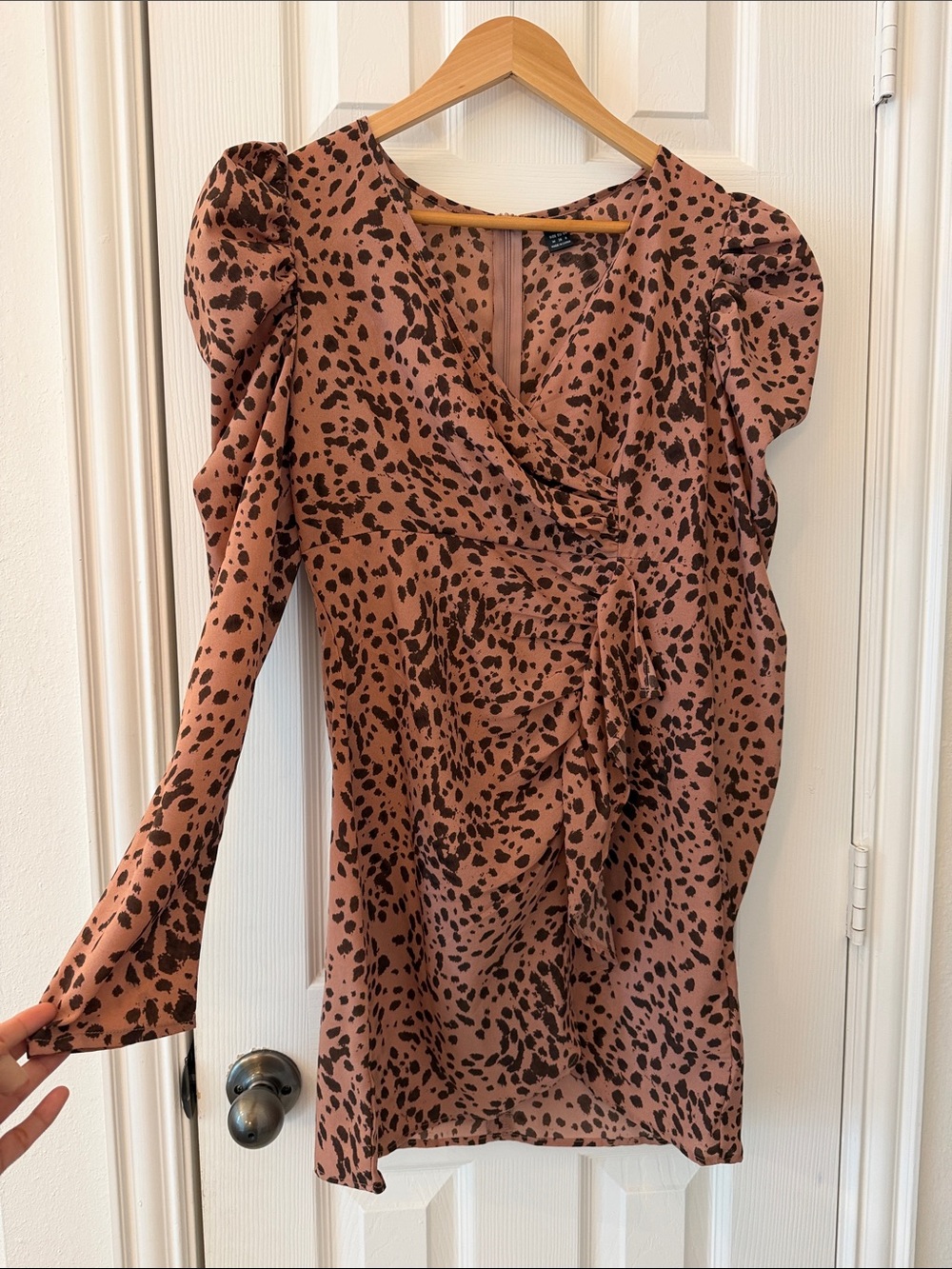 SHEIN Mauve Pink Leopard Puff-Sleeve Wrap Blouse